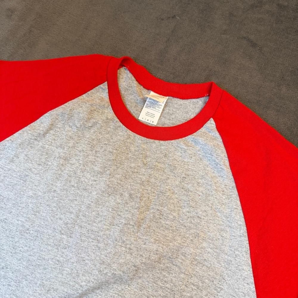Gildan Heavy Cotton Raglan Baseball Tee Grey Red 3/4 Sleeve Mens Large